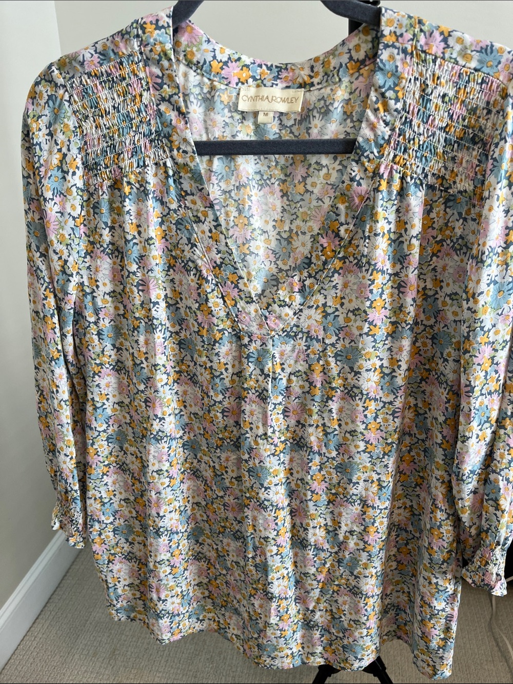 Cynthia Rowley Pastel Floral V-Neck Smocked Shoulder Blouse